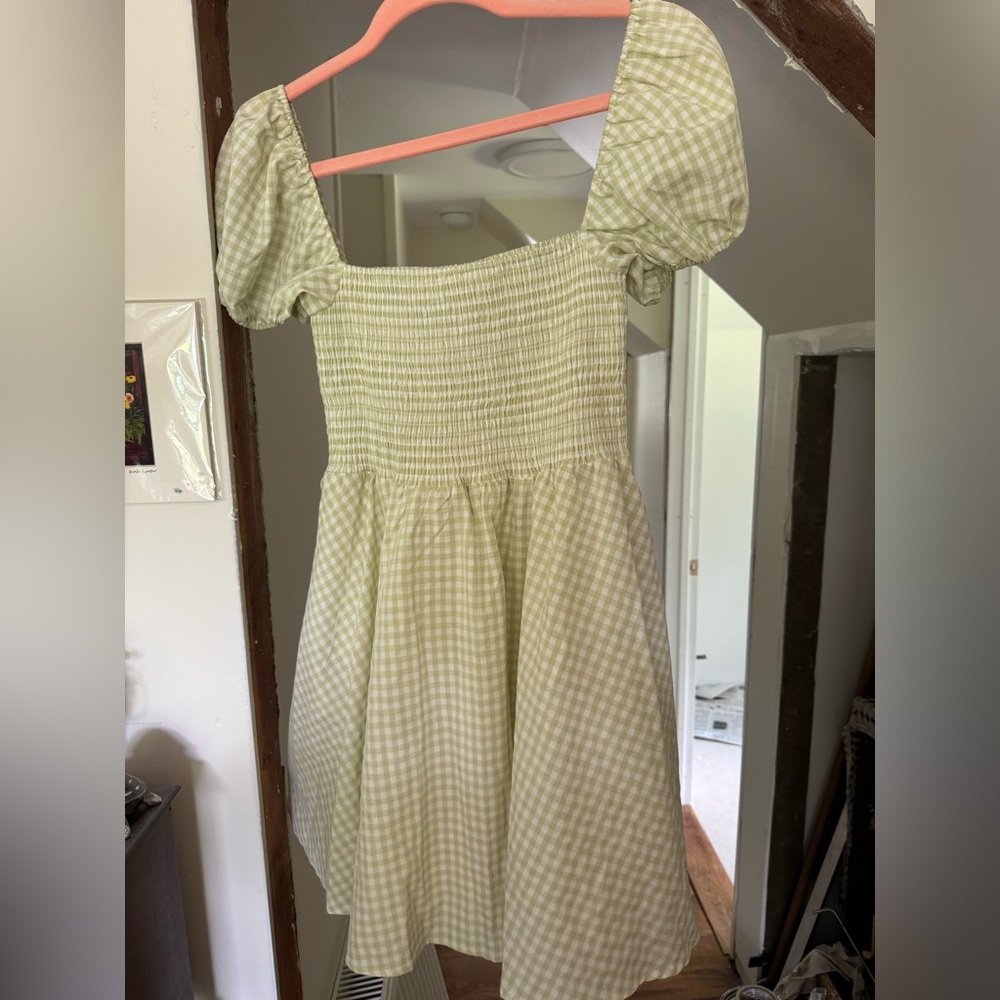 Gingham Puff Sleeve Mini Dress - Green